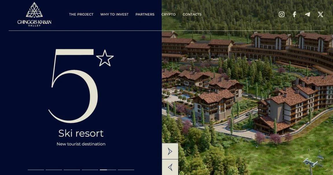 Website screen: a large “5★ Ski resort” beside an aerial render of the resort